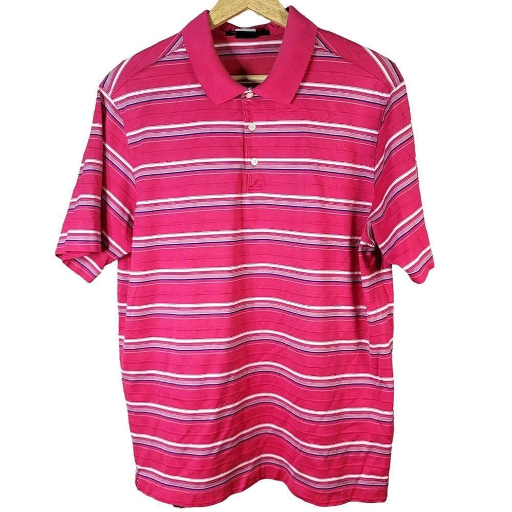 Nike Tiger Woods Mens Golf Shirt Pink Large Stripe Short Sleeve Dri-Fit Polo